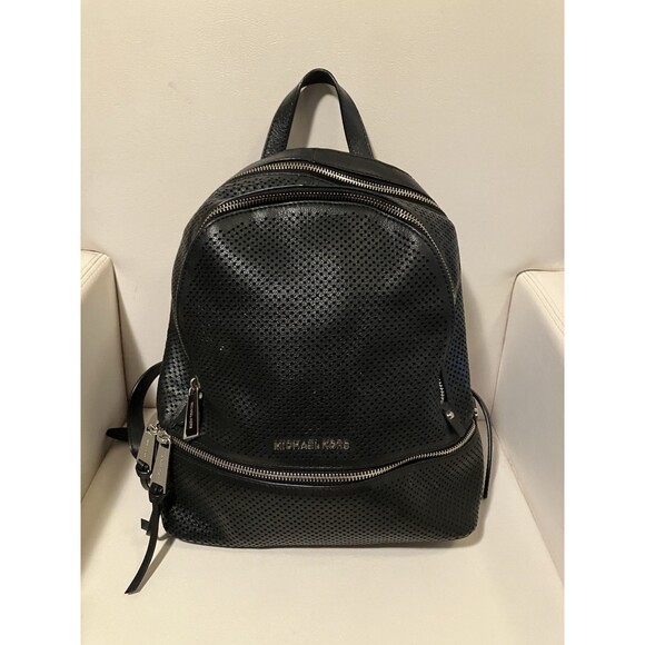 Michael Kors - Rhea Zip Medium Backpack Black Leather w/ Silver Accents - Picture 1 of 4